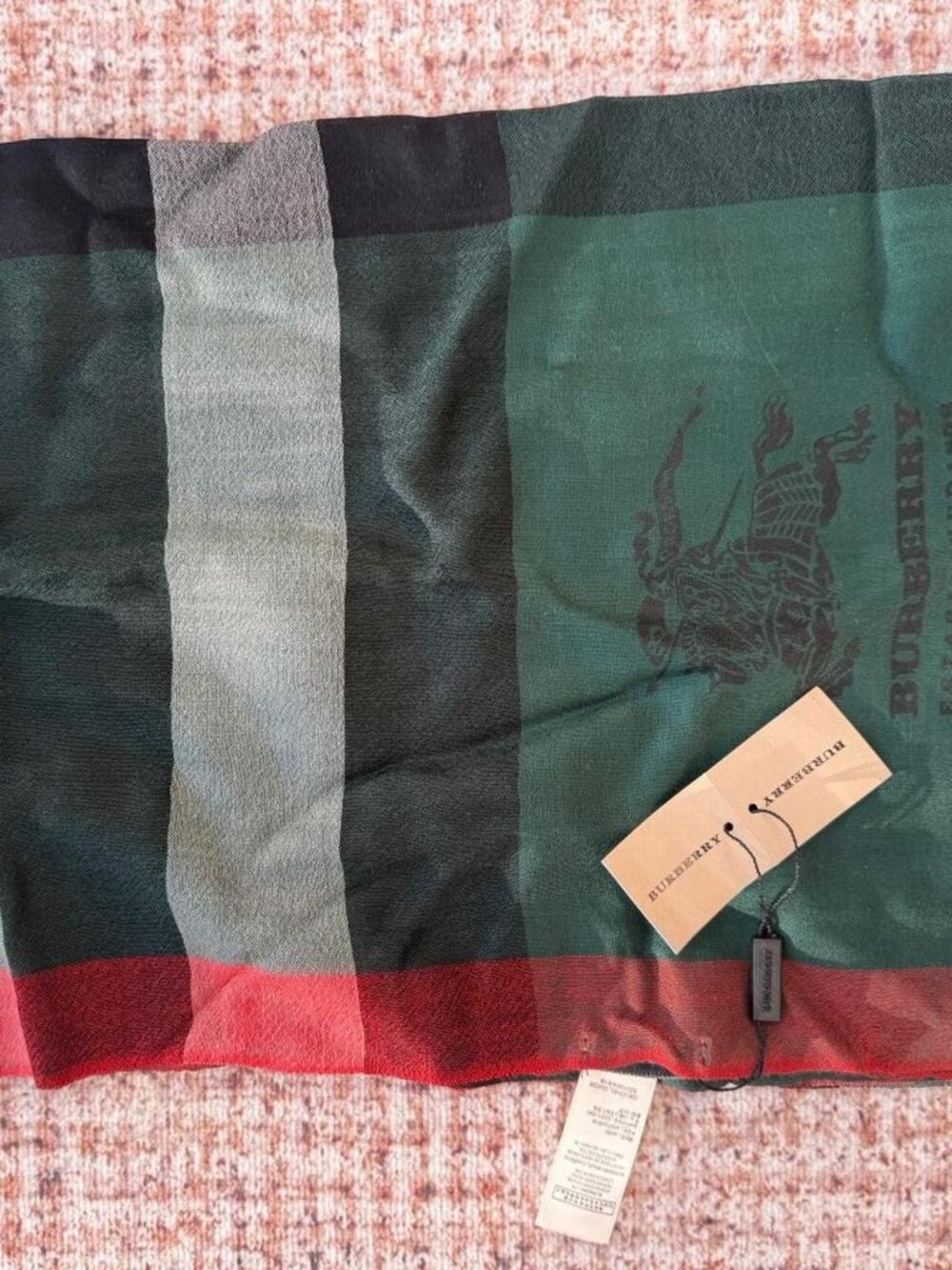 Burberry green scarf w/ red & black accents brand new with tags